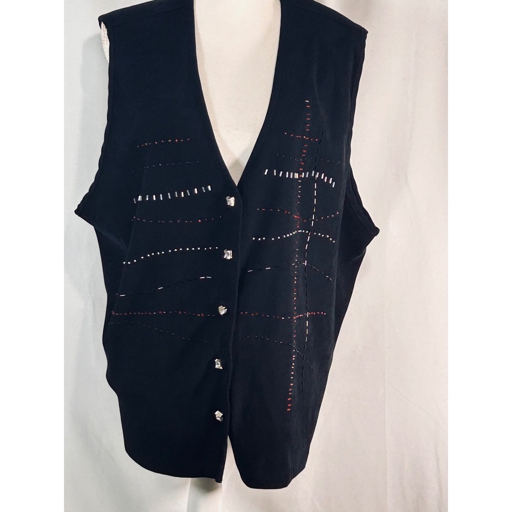 Vintage Black Beaded Vest Rhinestone Button Front‎ Embellished Sleeveless
